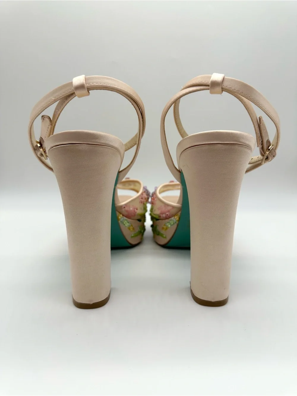 Betsey Johnson Viven Beaded Floral Platform Sandals Nude Teal Size 10 NWOB